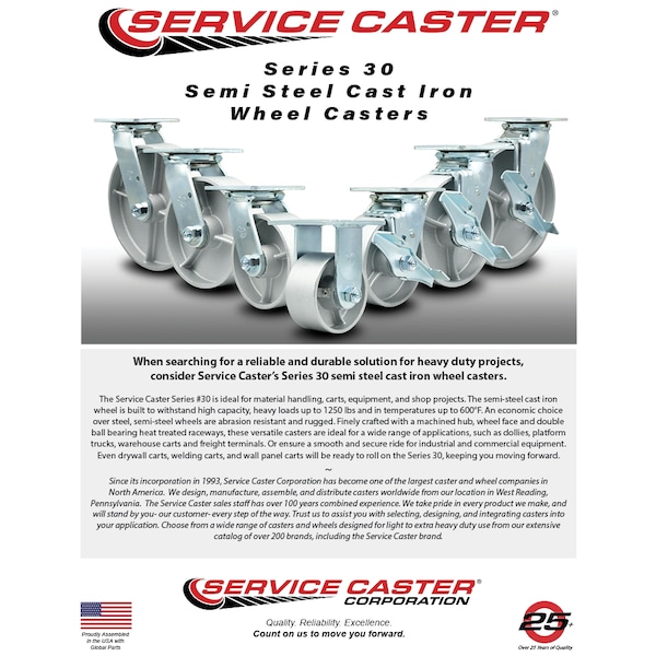 8 Inch Semi Steel Swivel Caster Set with Roller Bearing and Swivel Lock SCC